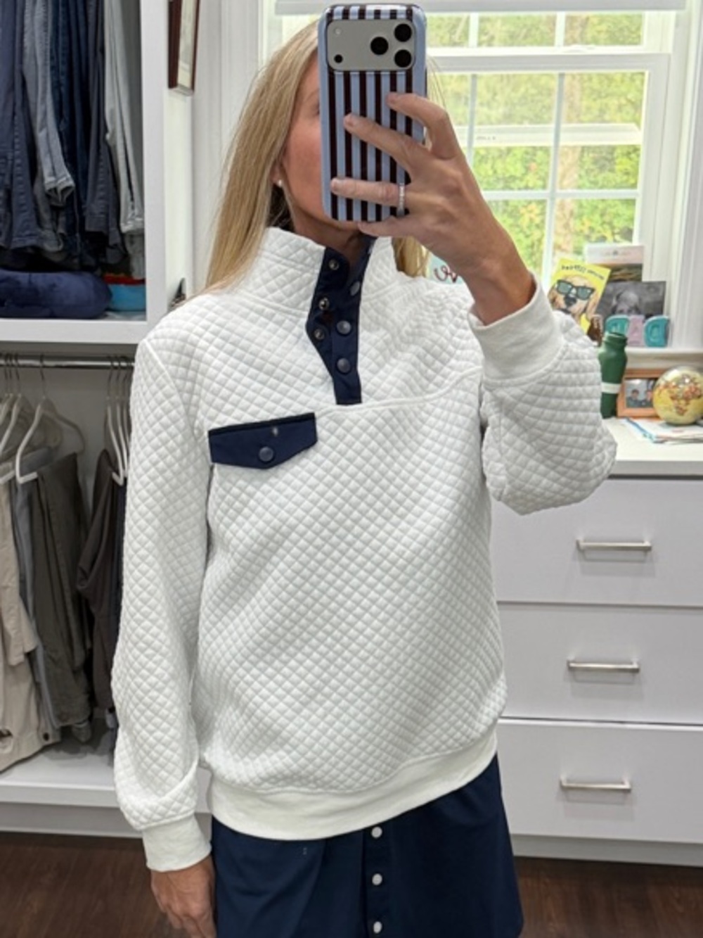 Amazon White Quilted Pullover Sweater with Navy Trim